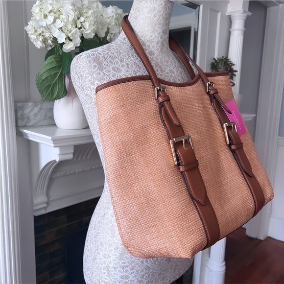 NWT ISAAC MIZRAHI “Lucille” Straw And Brown Leather Large Tote Bag - Picture 3 of 14